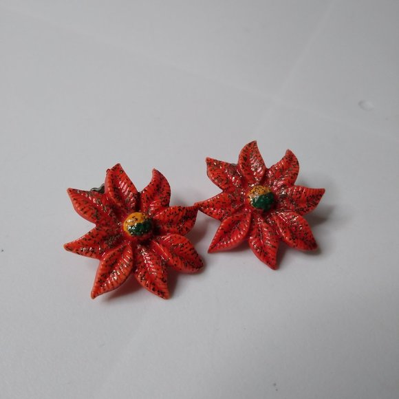 Vintage Red Poinsettia Flower Celluloid Clip On Earrings - Picture 2 of 16